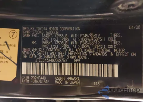 2008 Toyota Highlander Sport из США, поврежденный, VIN JTEES43A482082760